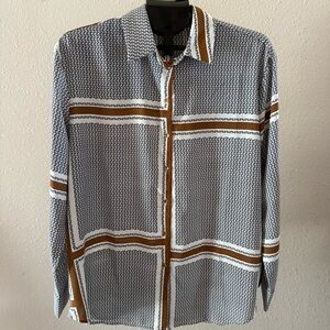 EE-SOME The Sophisticated Tunic Button Blouse Abstract Print Brown/Black Size L